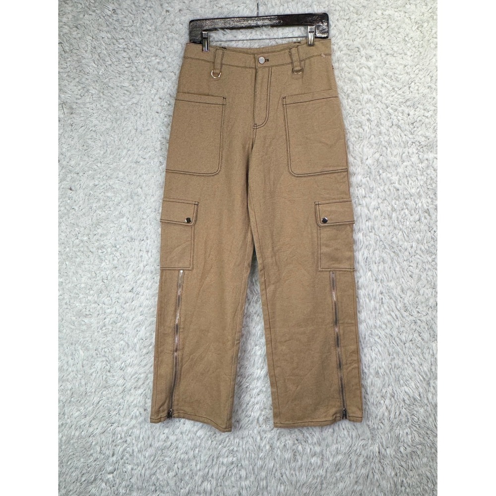 BY.DYLN Cargo Pants XS Khaki Tan Wide Leg Utility Streetwear Zip Hem DL1606